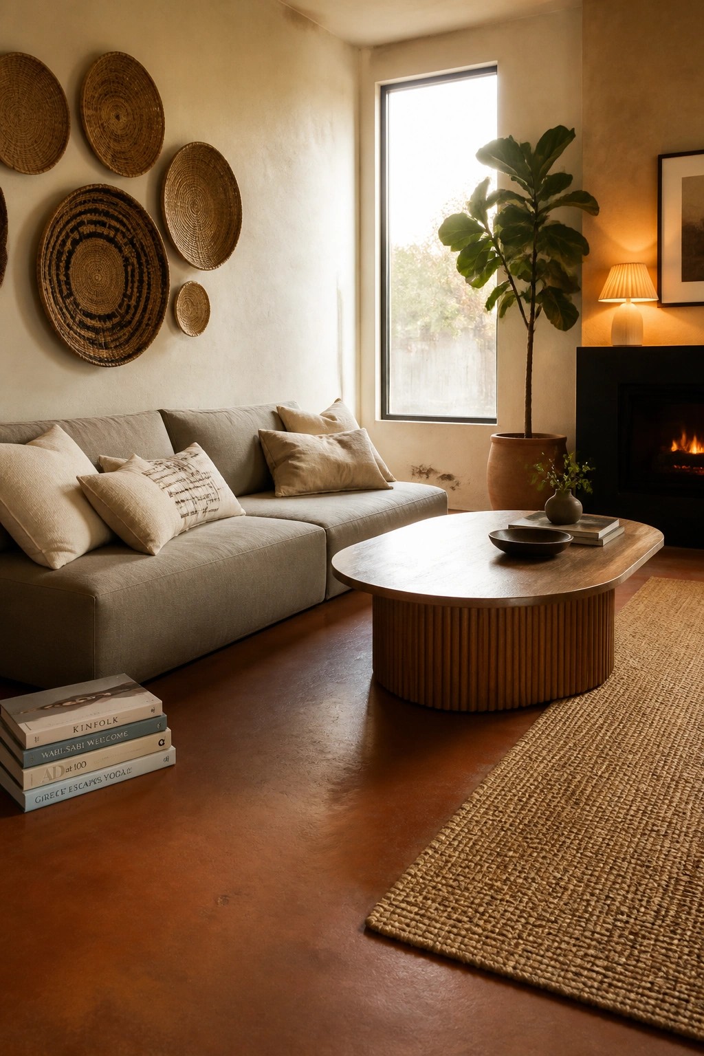 A living room interior featuring a gray sectional sofa, round wooden coffee table, and reddish-brown rammed earth floor with woven wall baskets and a large window.