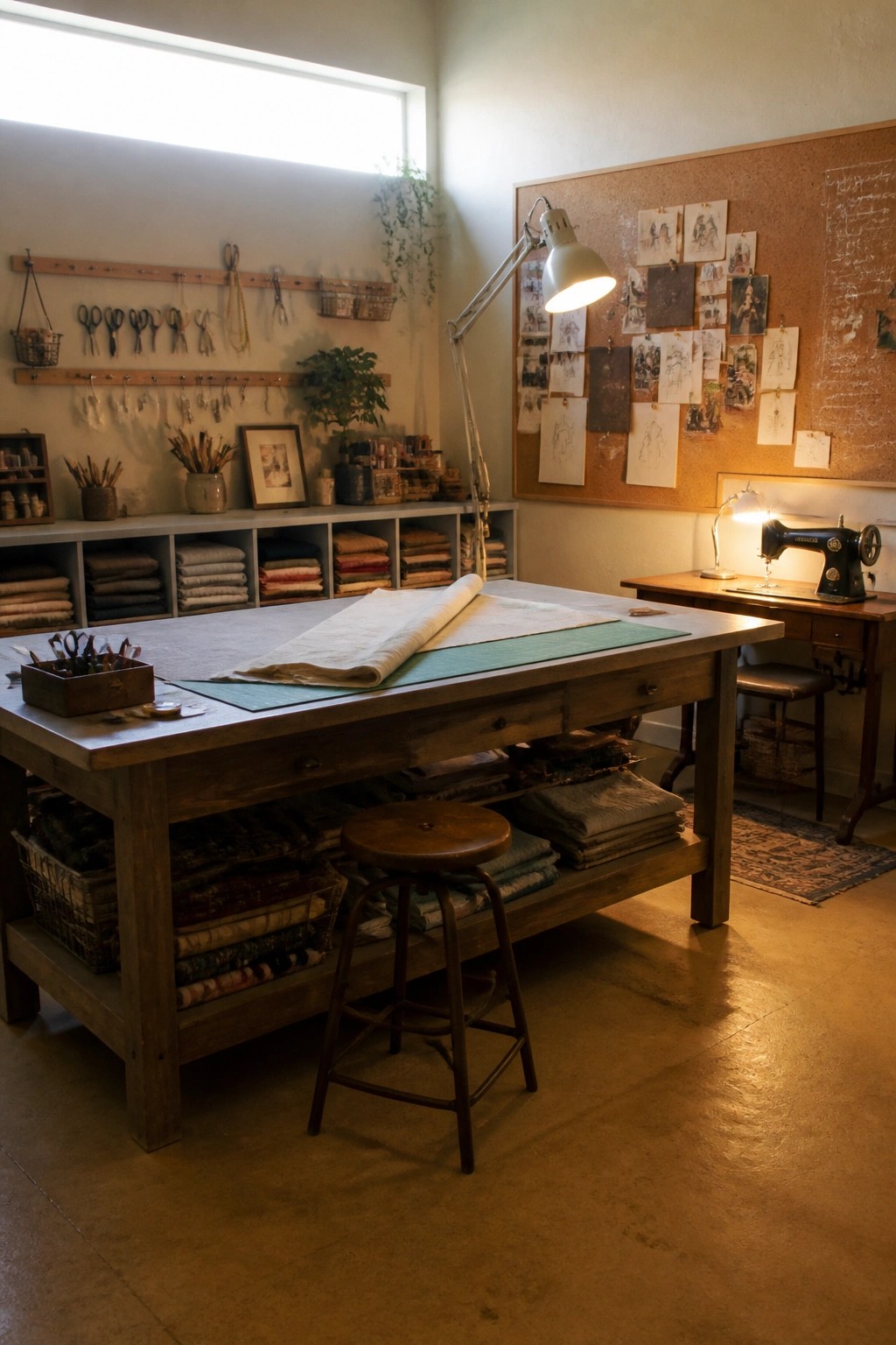 Rustic craft studio with wooden table, fabric stacks, sewing machine, and sketch-filled corkboard.
