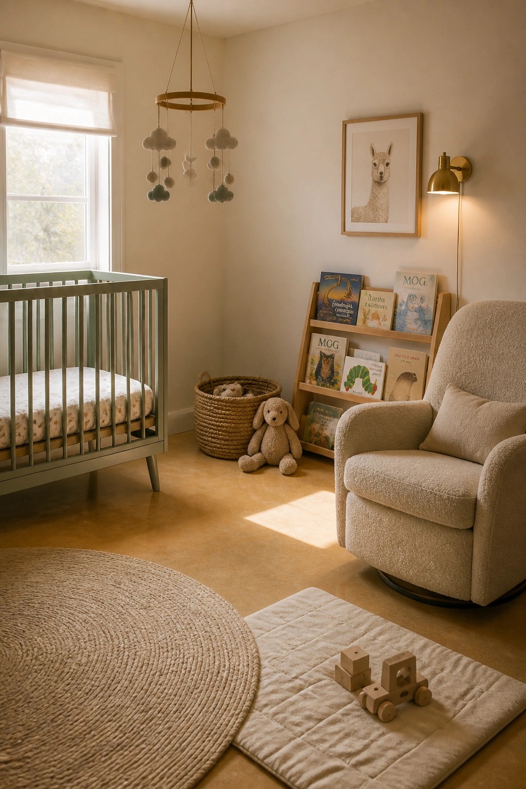 Cozy nursery with mint crib, beige armchair, book rack, cloud mobile, and toys.