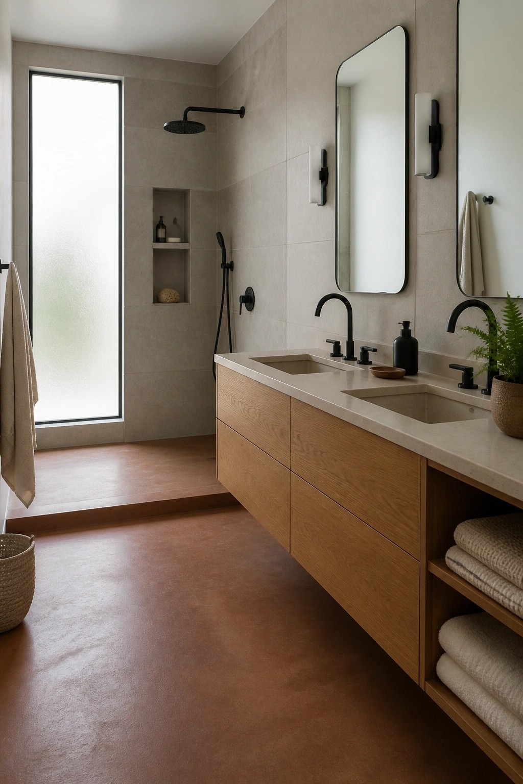 A bathroom interior with reddish-brown rammed earth flooring, a floating wood vanity with two sinks, black fixtures, and a large window beside the shower area.
