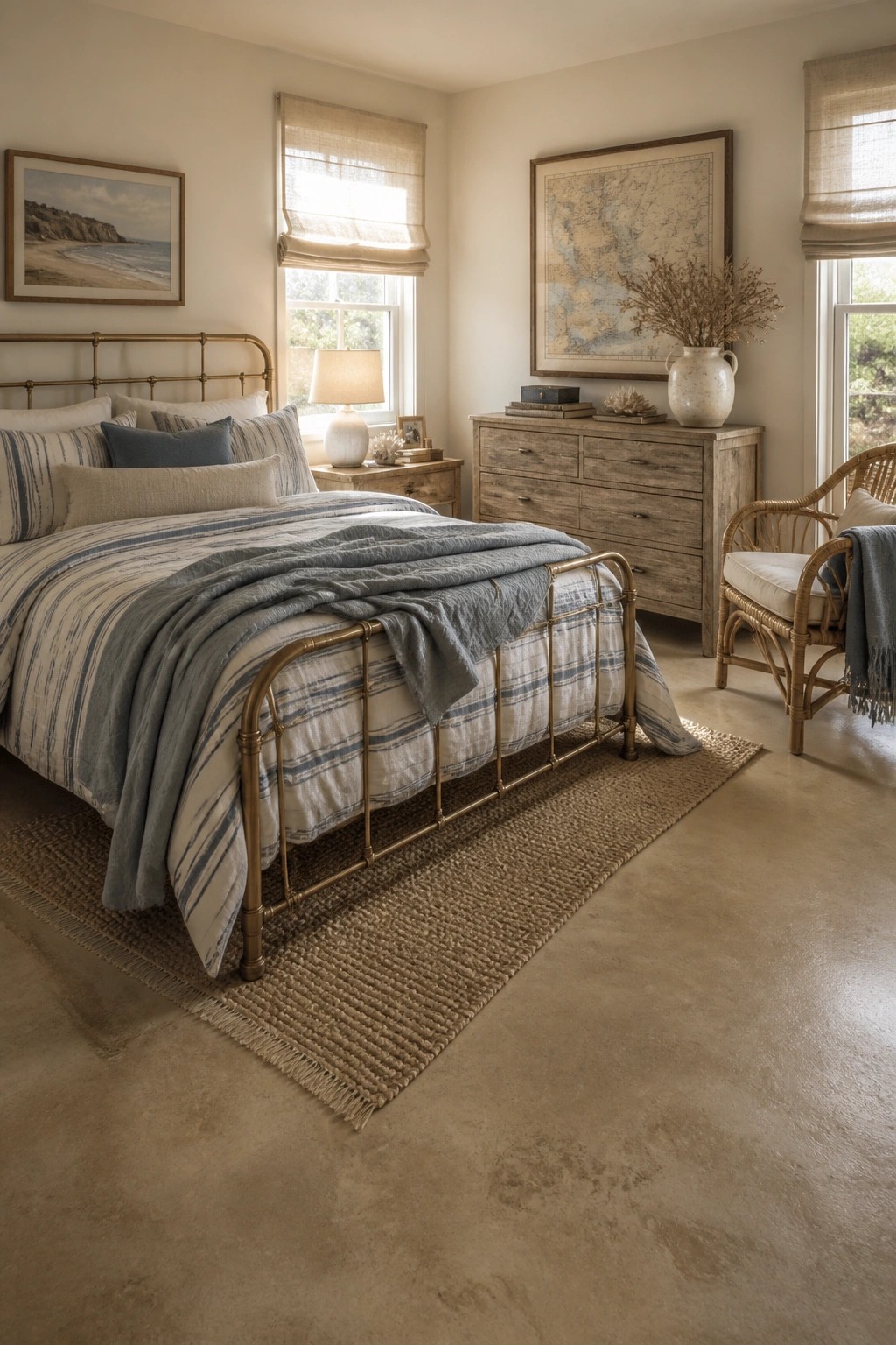 A bedroom with a large brass bed, striped bedding, a wooden dresser, a rattan chair, and a smooth beige rammed earth floor.