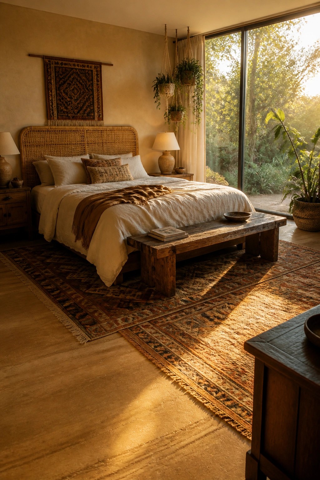 A bedroom interior featuring rammed earth flooring, a large bed with white linens and a brown throw, wooden furniture, hanging plants, and a large window with outdoor views.