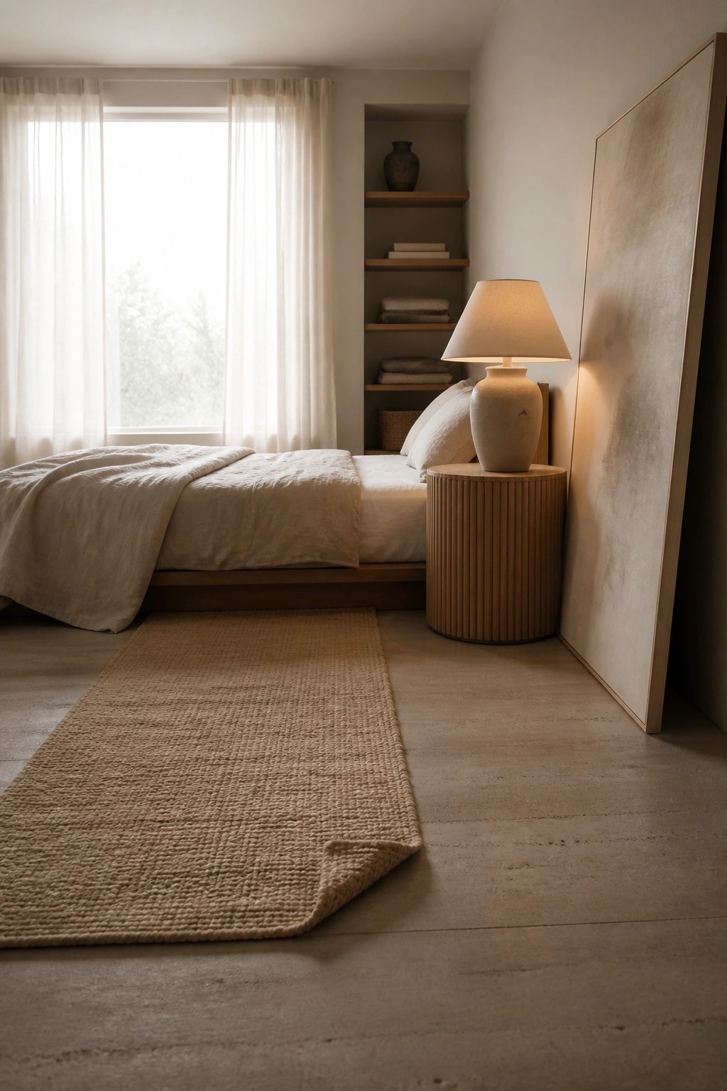 A minimalist bedroom with rammed earth flooring, a low bed dressed in white and beige linens, sheer curtains over a large window, and a wooden nightstand holding a lamp.