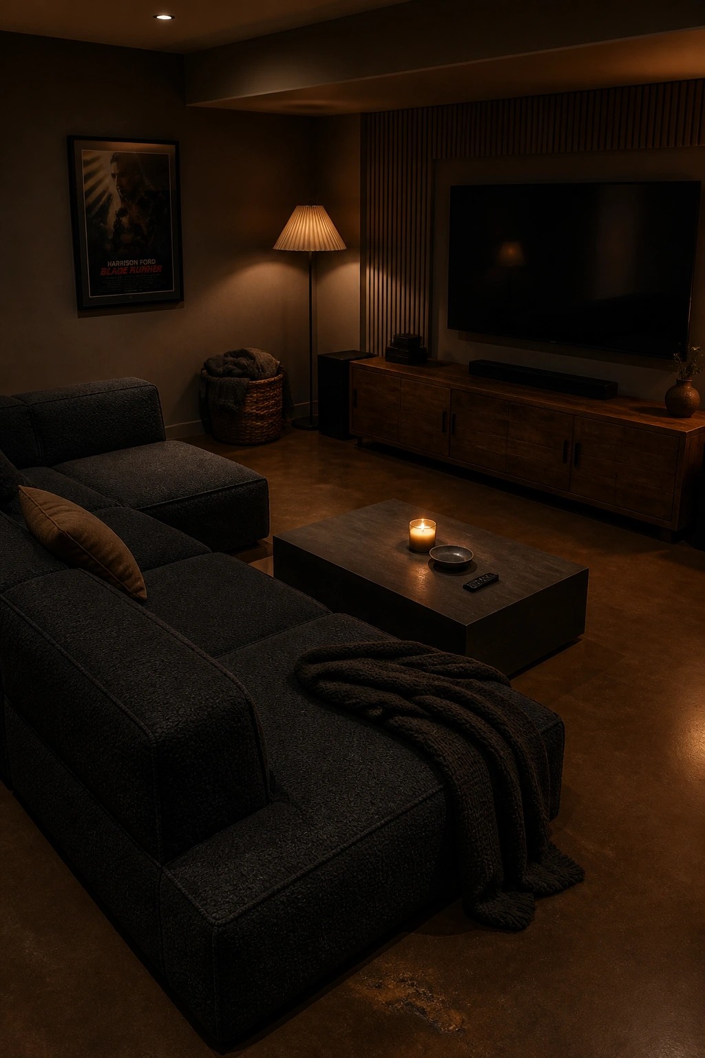 A dimly lit living room featuring a large dark sectional sofa, a dark coffee table with a lit candle, a wooden media console with a television, and a polished rammed earth floor with visible earthy texture.