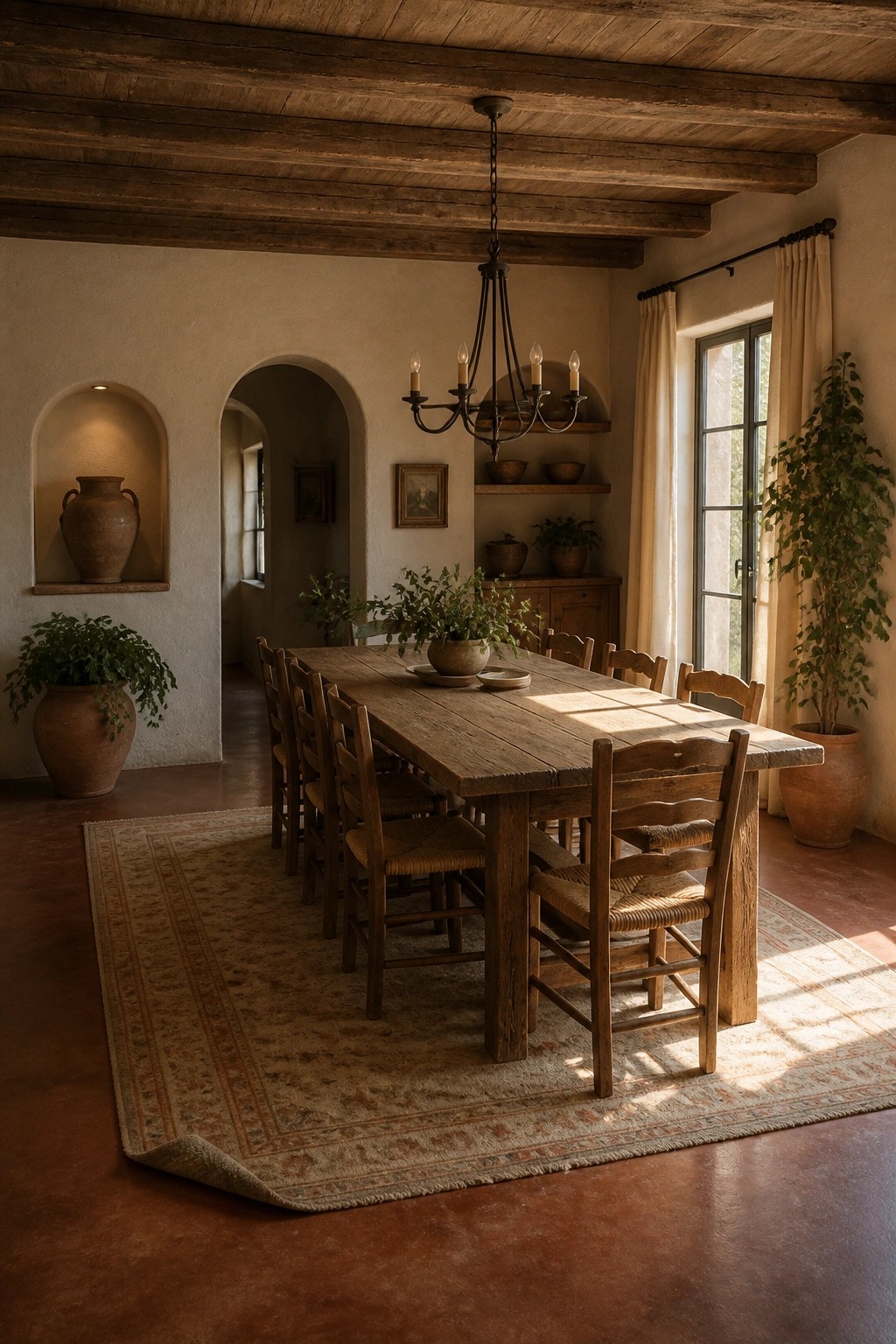 A rustic dining room with a long wooden table and woven chairs on a large patterned rug over reddish-brown flooring, a black chandelier above, and terracotta pots along the walls.