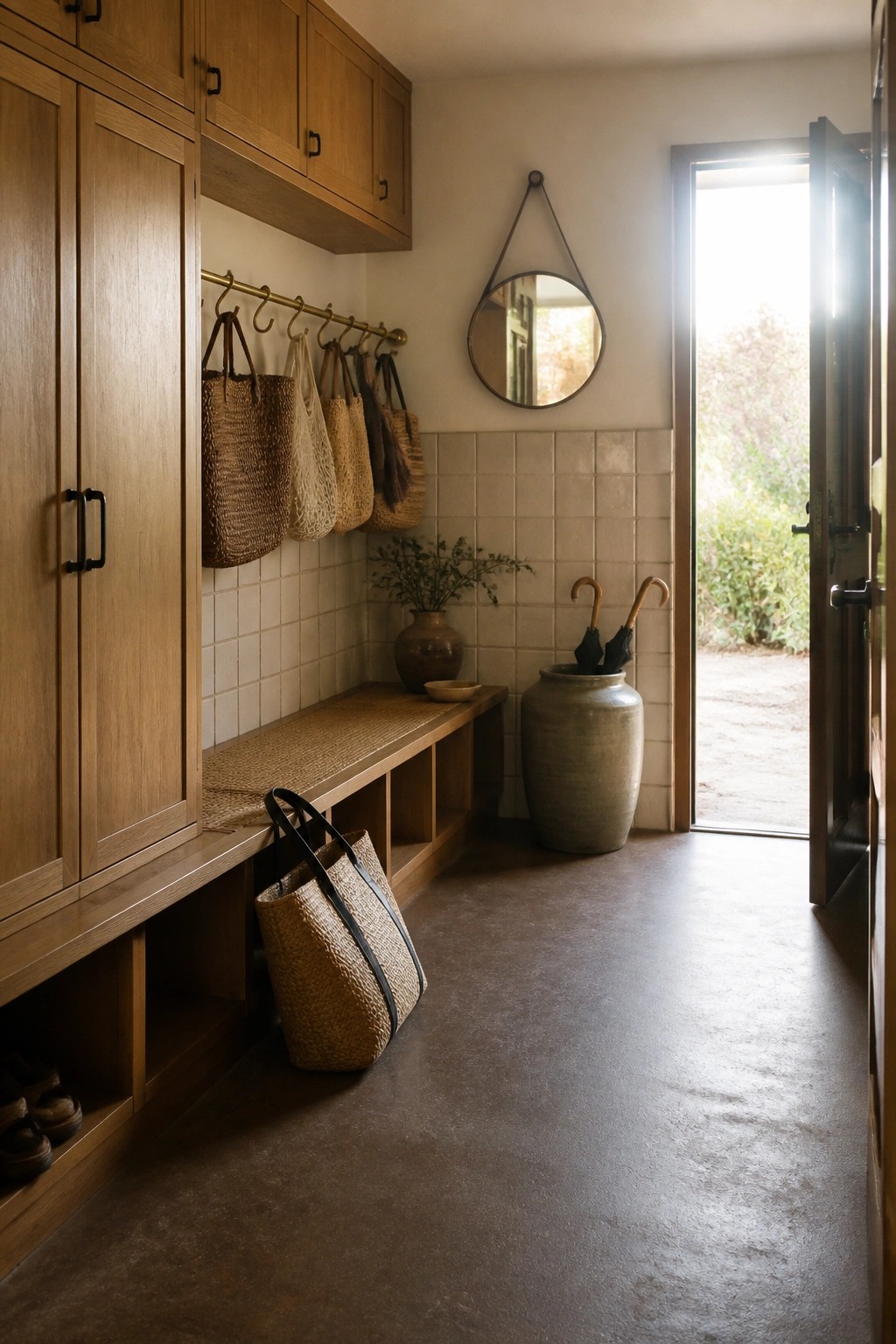 Interior view of a mudroom with wooden built-in cabinets and bench, wall hooks with bags, a large floor vase, and an open door showing rammed earth flooring.