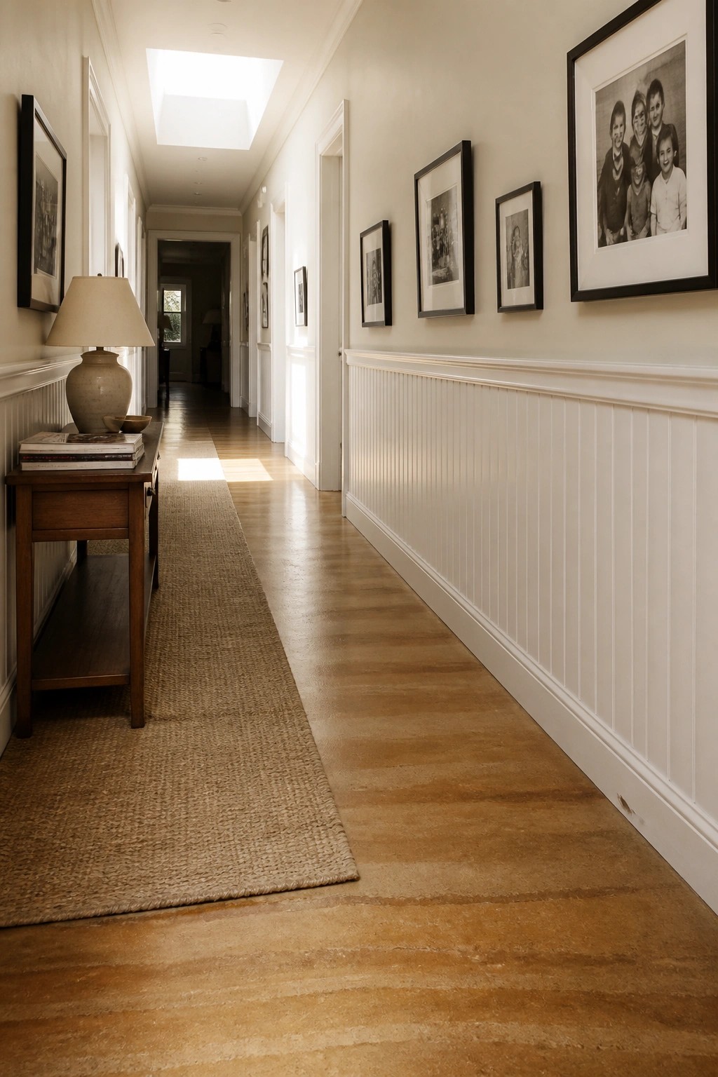 A long interior hallway featuring rammed earth flooring, white wainscoting, black-framed photographs on the right wall, and a wooden console table with a lamp on the left.