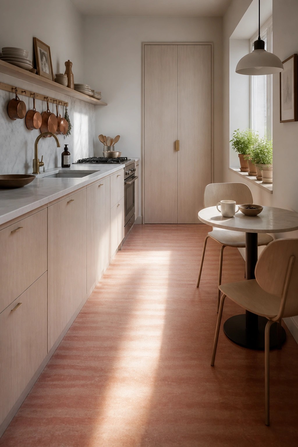 A narrow kitchen with light wood cabinets, white marble countertops, a brass faucet, and a continuous pinkish terracotta rammed earth floor extending toward a round dining table and chairs by the window.