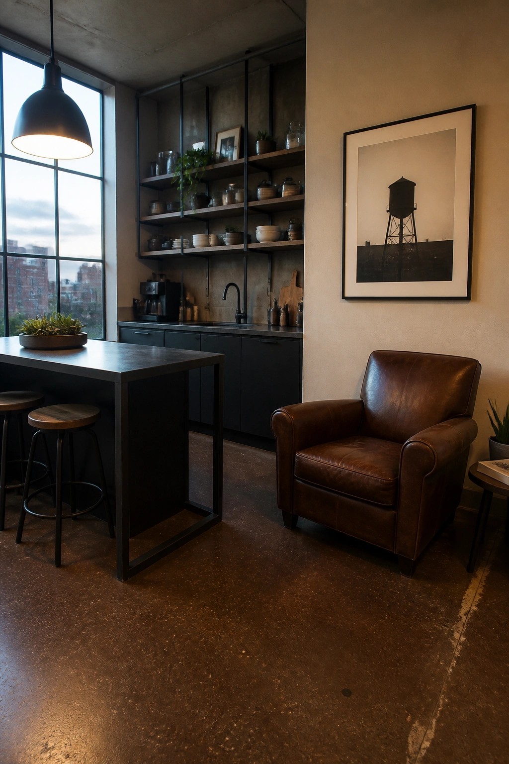 Modern kitchen interior with rammed earth flooring, dark cabinets, an island with stools, and a brown leather armchair beside open shelving.