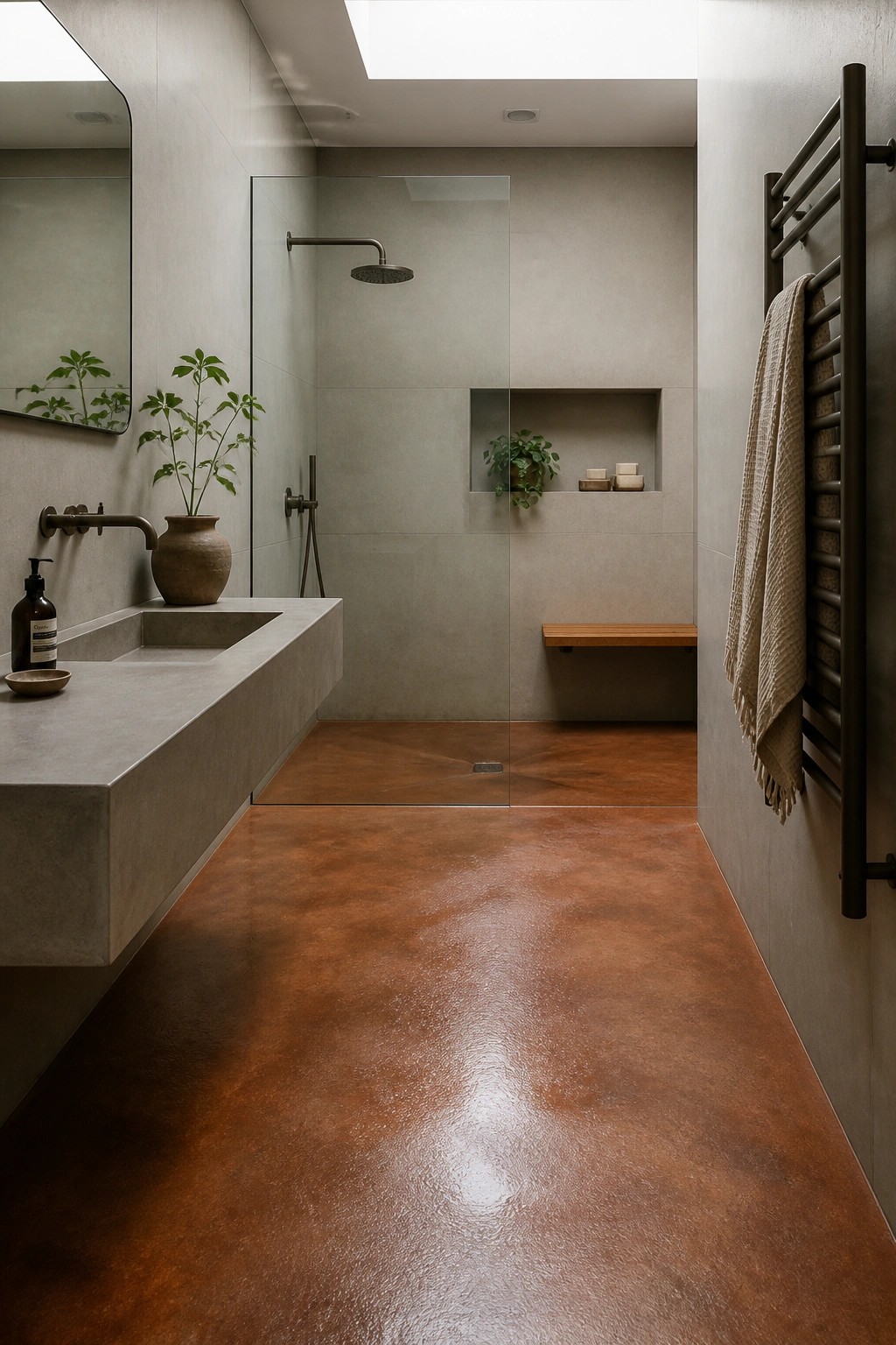 A modern bathroom with reddish-brown polished flooring, a floating concrete vanity, glass shower, and neutral gray walls.
