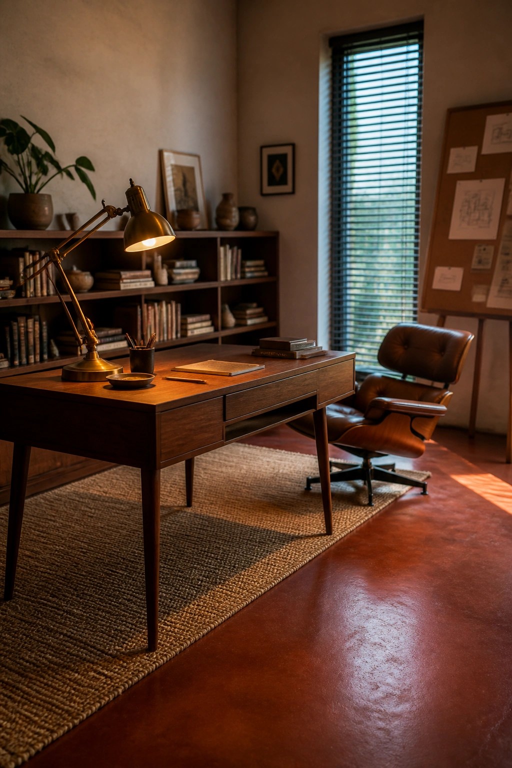 A wooden desk with a lit brass lamp rests on a reddish rammed earth floor beside a brown leather office chair in a room with bookshelves and a window with blinds.