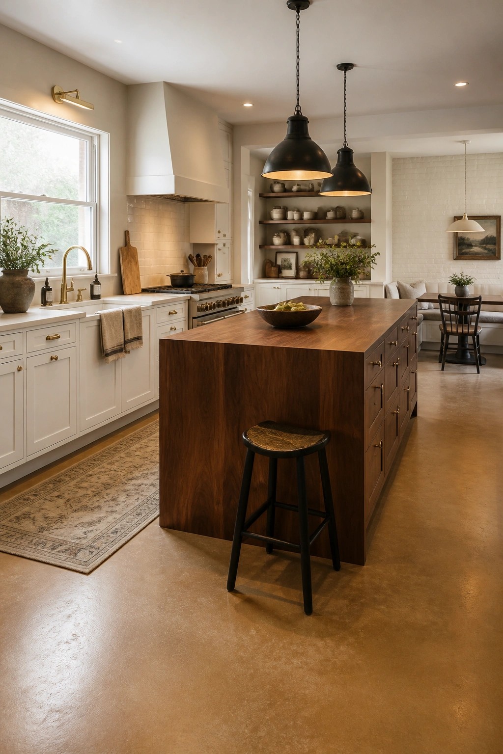 Modern kitchen with dark wood island, black pendant lights, white cabinets, and concrete floor.