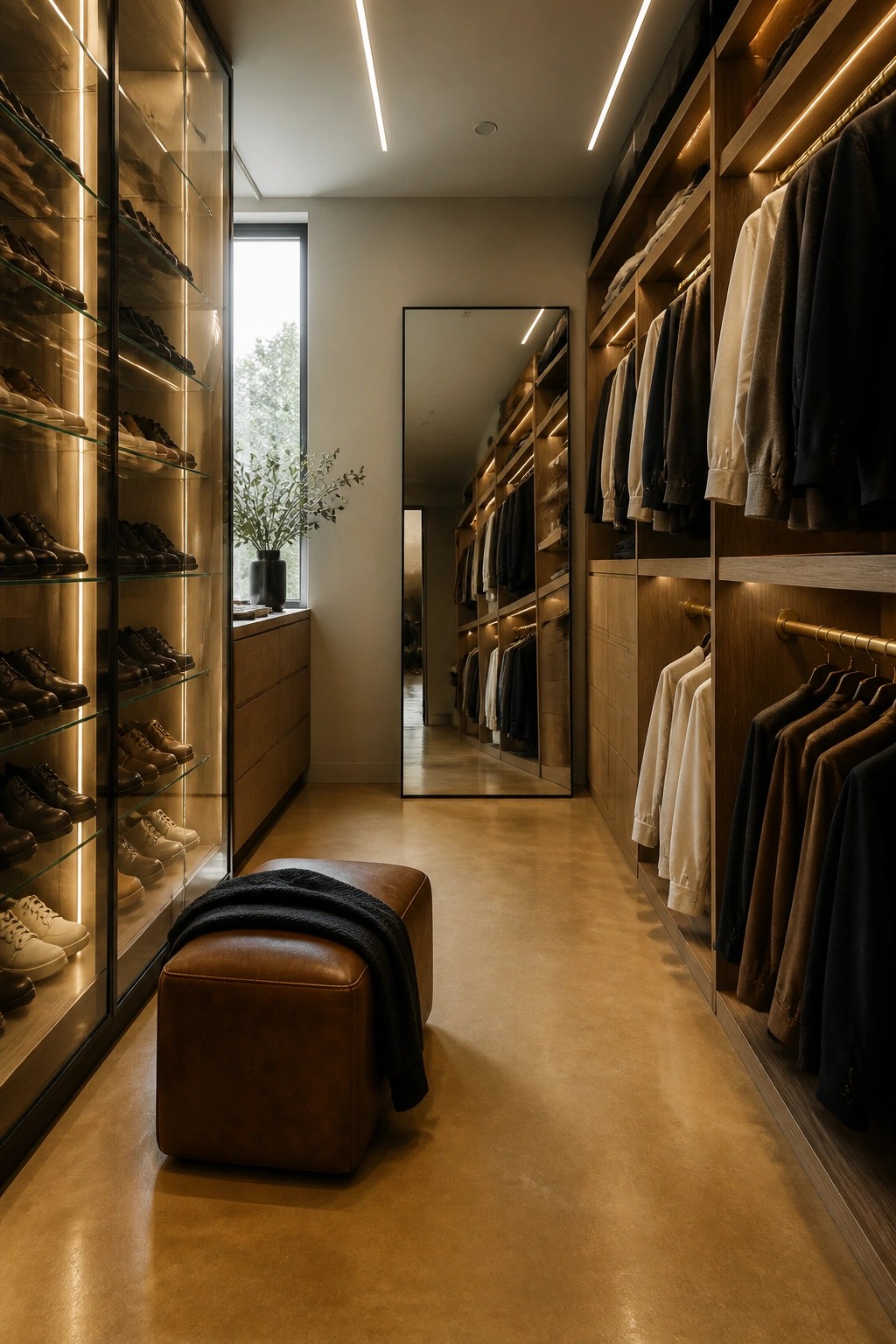 A narrow walk-in closet with rammed earth flooring, illuminated wood shelving on both sides, a brown leather ottoman in the foreground, and a tall mirror at the far end.