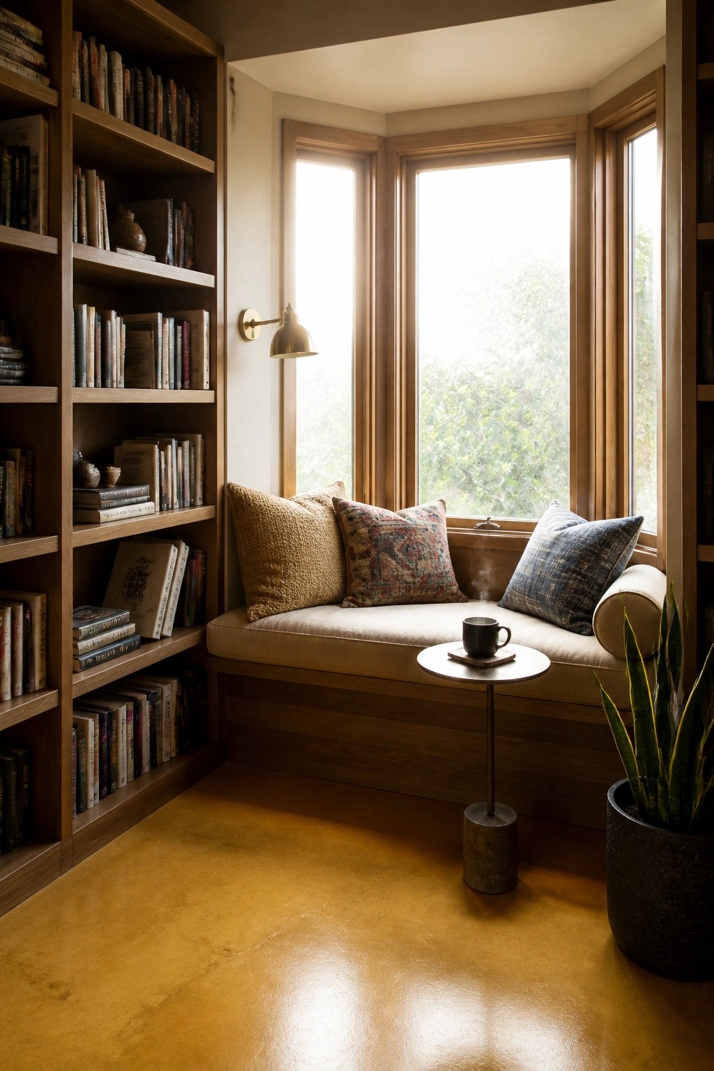 A cozy interior reading nook with wooden bookshelves, a cushioned window seat with pillows, a small side table, and a polished golden-brown rammed earth floor.