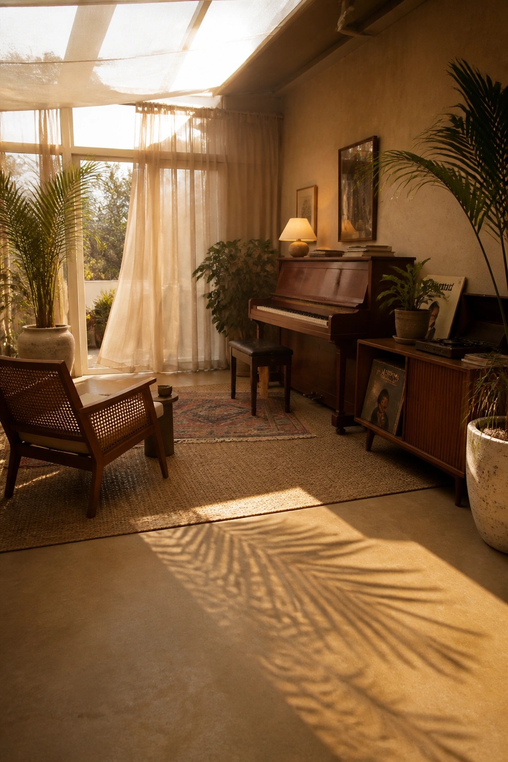 A sunlit interior room featuring rammed earth flooring, a wooden upright piano, woven armchair, potted plants, and leaf shadows cast across the floor.