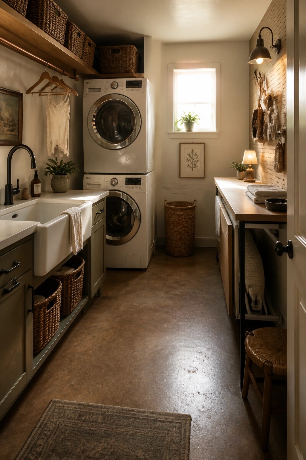 A laundry room with stacked white washer and dryer, a farmhouse sink, wooden countertops, woven baskets, and a brown rammed earth floor.