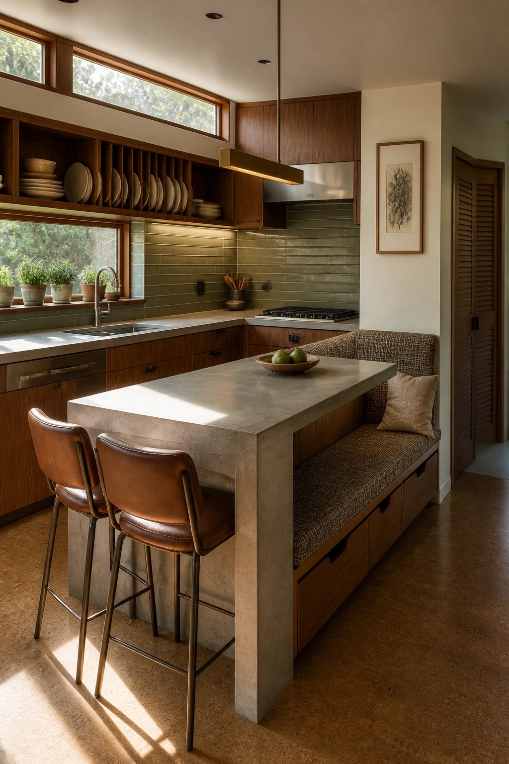 A kitchen interior with a concrete island, two brown leather bar stools on the left, a built-in upholstered bench with storage drawers on the right, wooden cabinets, and a green tile backsplash.