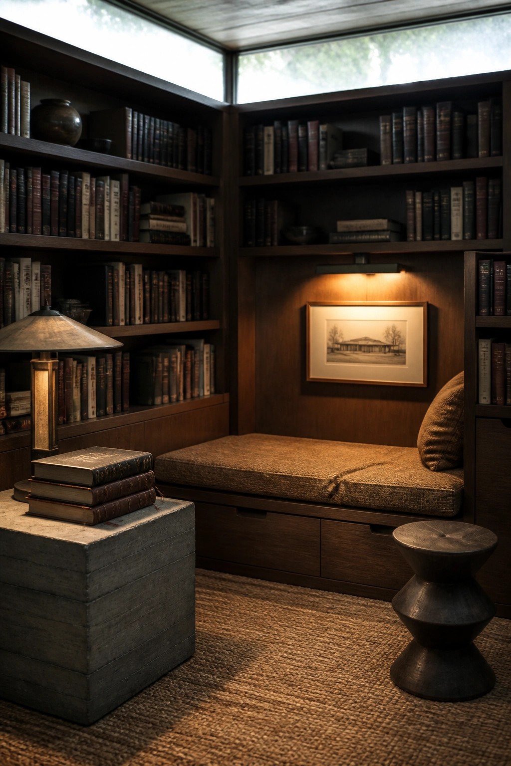 An interior view of a built-in cushioned bench beneath dark wood bookshelves, with a concrete side table holding stacked books and a lamp, plus a dark metal stool on a woven rug.