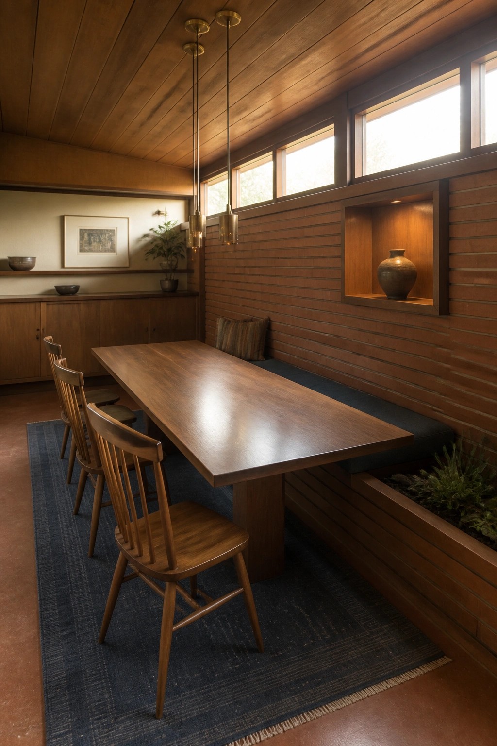 A long wooden dining table with spindle-back chairs on one side and a built-in upholstered bench on the other, set against wood-paneled walls with high windows and a recessed niche.