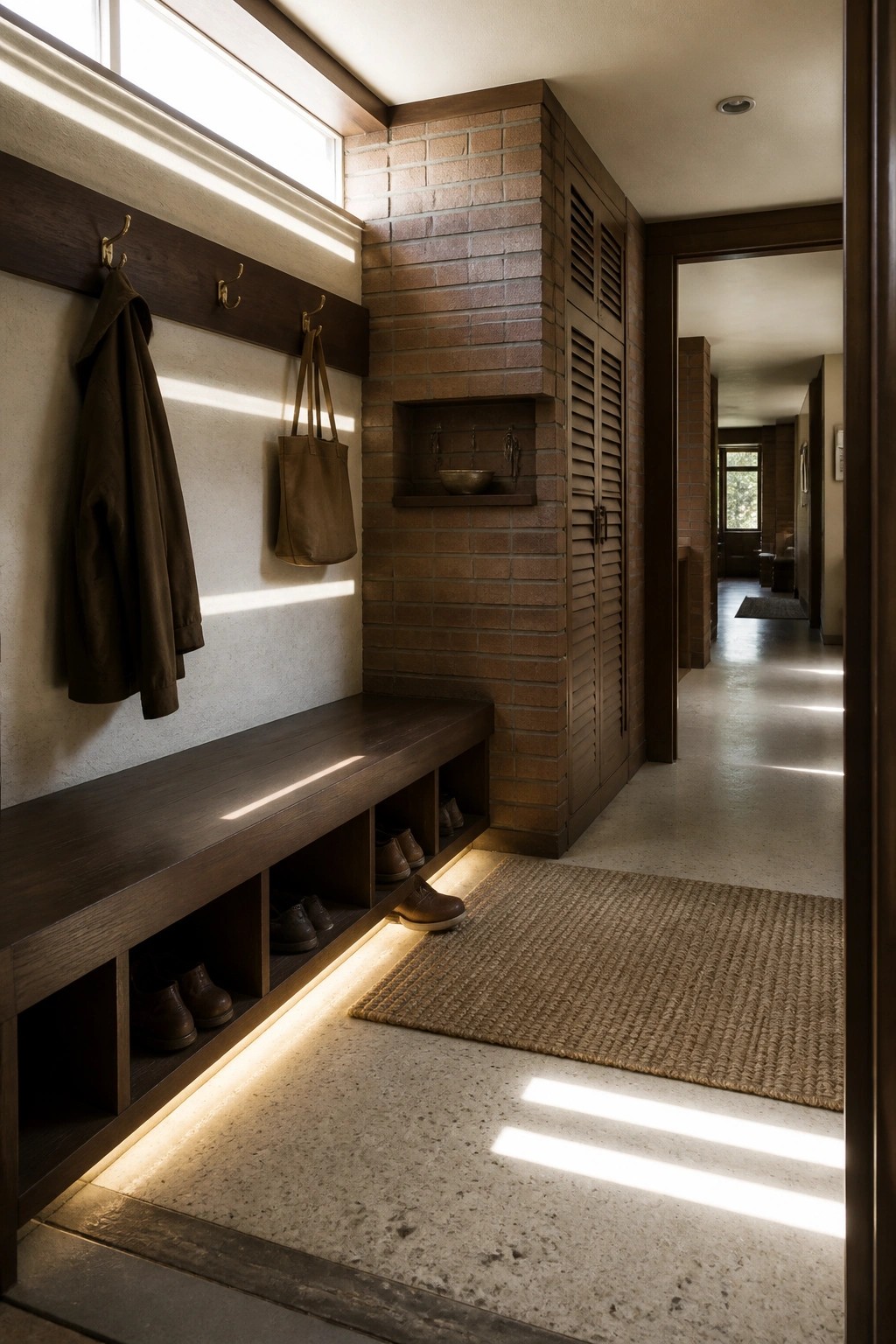 A compact interior entryway with a long dark wood built-in bench featuring illuminated open cubbies holding shoes, wall hooks with a jacket and tote bag, a brick accent wall with a recessed shelf, and a woven rug on a concrete floor.
