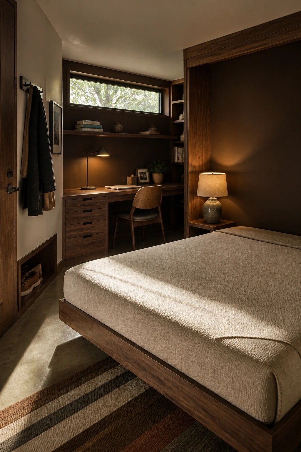 A compact bedroom shows a wooden platform bed in the foreground and a built-in desk with shelving and a chair positioned under a window.