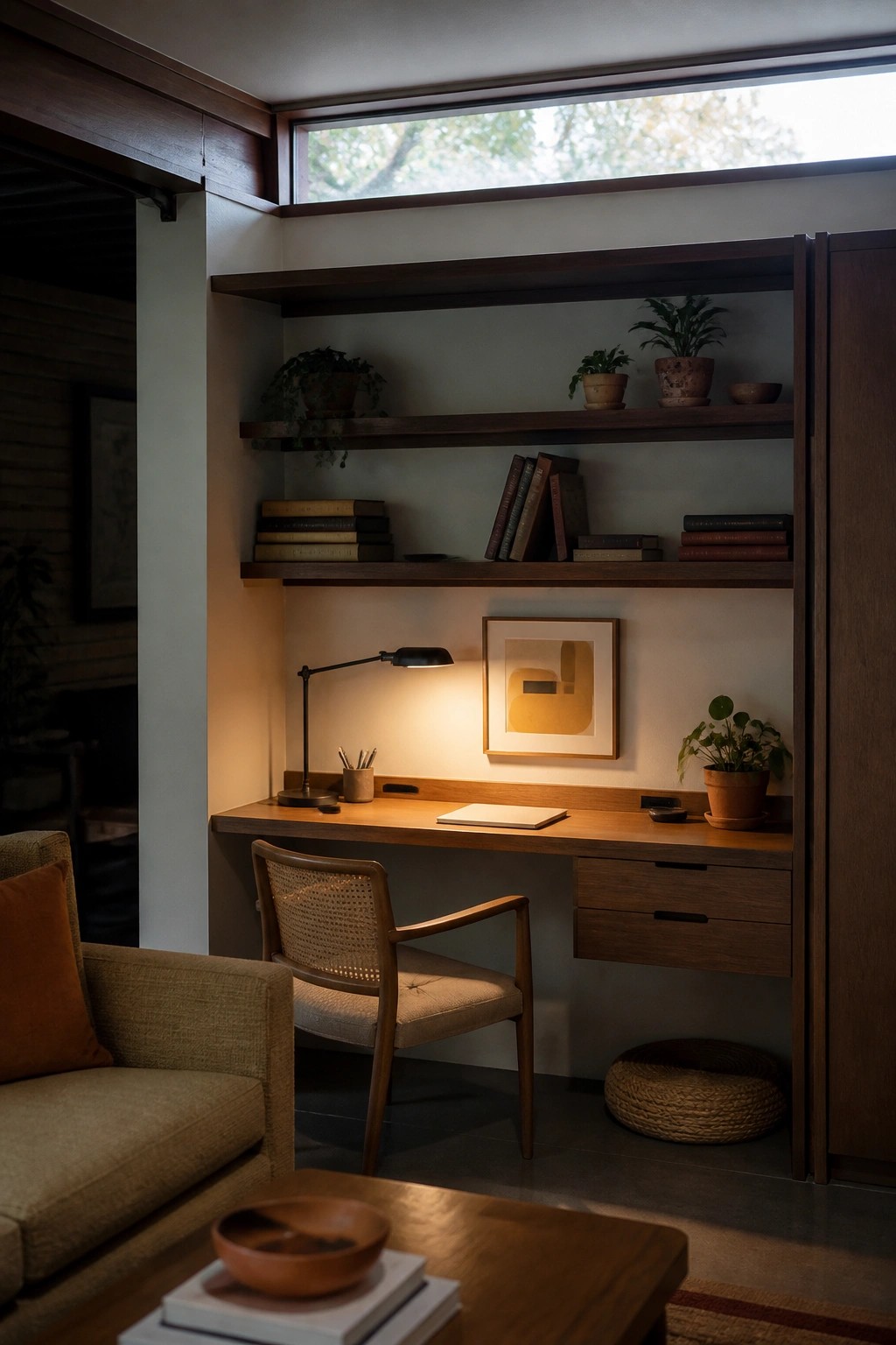 A wooden built-in desk with upper shelves holding books and plants, a lit desk lamp, a woven chair, and a framed artwork on the wall.