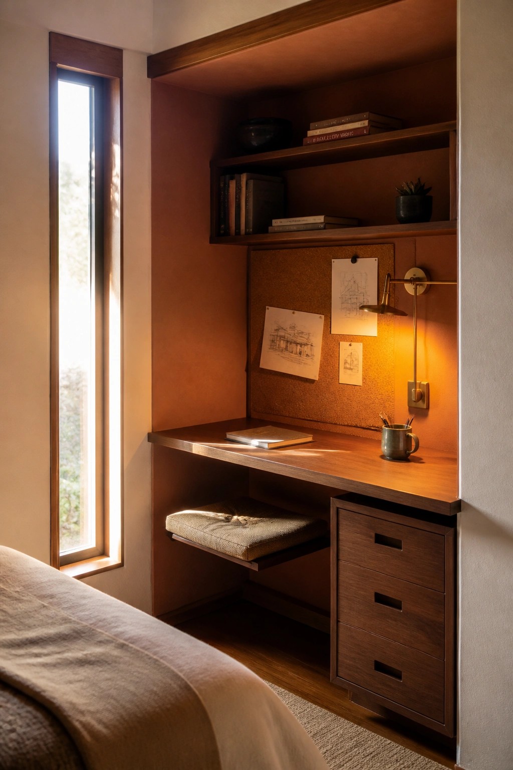 A wooden built-in desk nook with a corkboard above it, drawers below, and a tall window to the left.