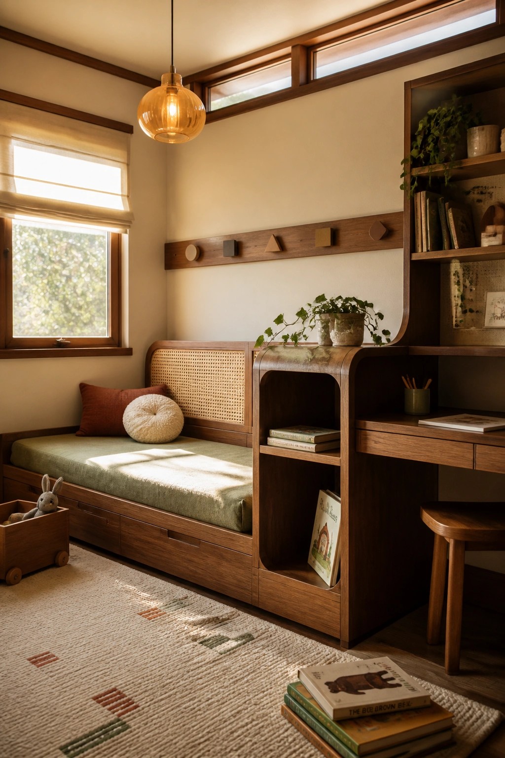 A wooden built-in daybed with green bedding, storage drawers, and attached open shelving sits in a sunlit room next to a desk area.