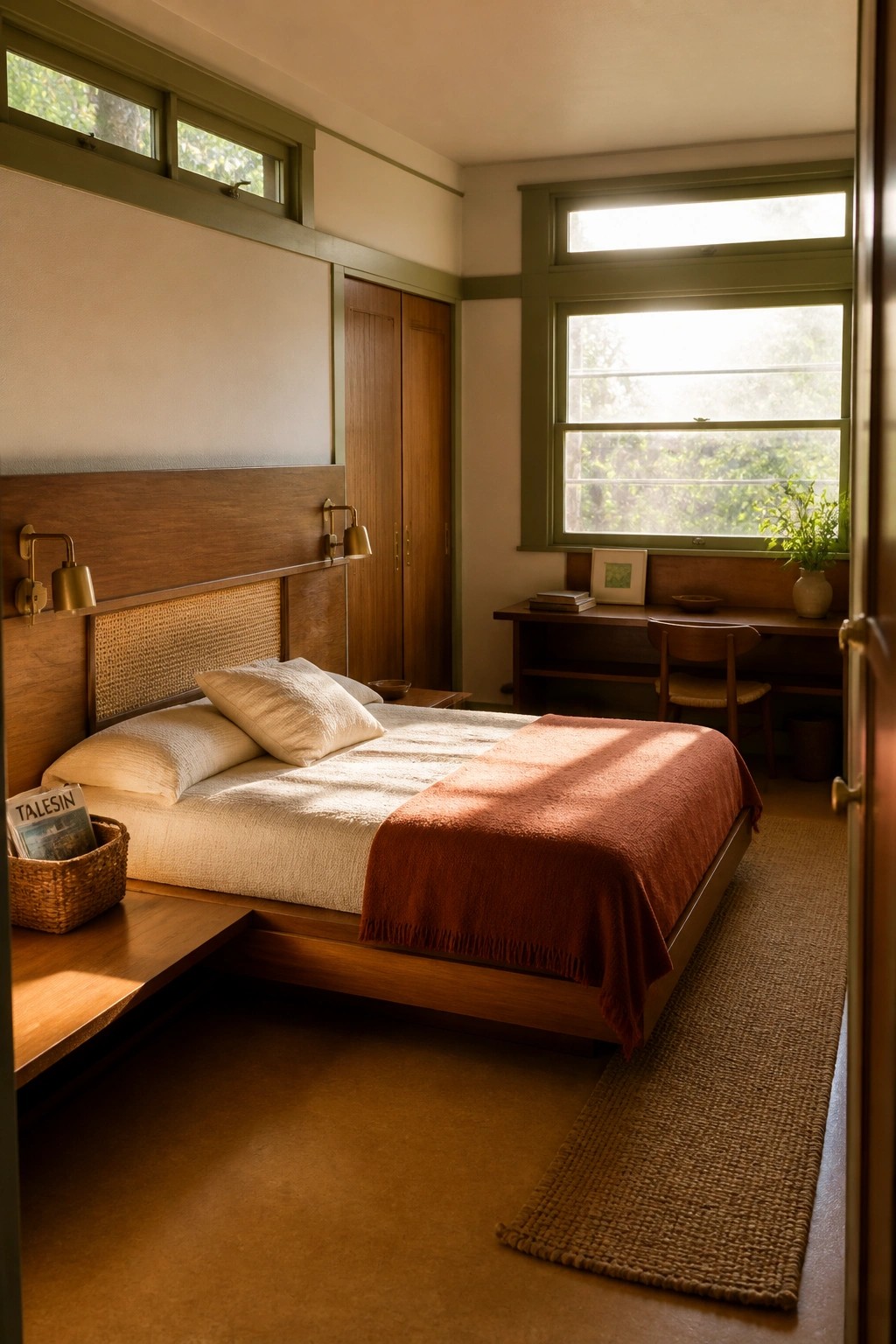 A bedroom with a large wooden built-in headboard featuring integrated brass sconces, a bed covered in white linens and a rust throw, and sunlight coming through clerestory and large windows.