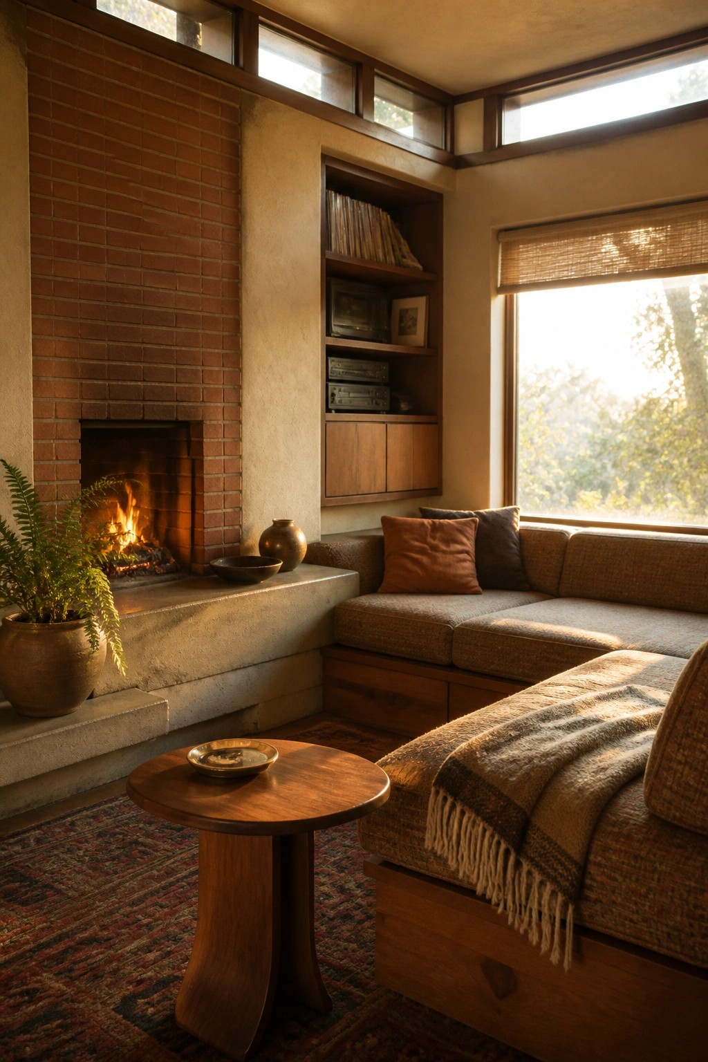 An interior view of a living room with a brick fireplace, built-in wooden shelving filled with records and electronics, a corner sofa with cushions, a potted fern, and a round wooden side table on a patterned rug.