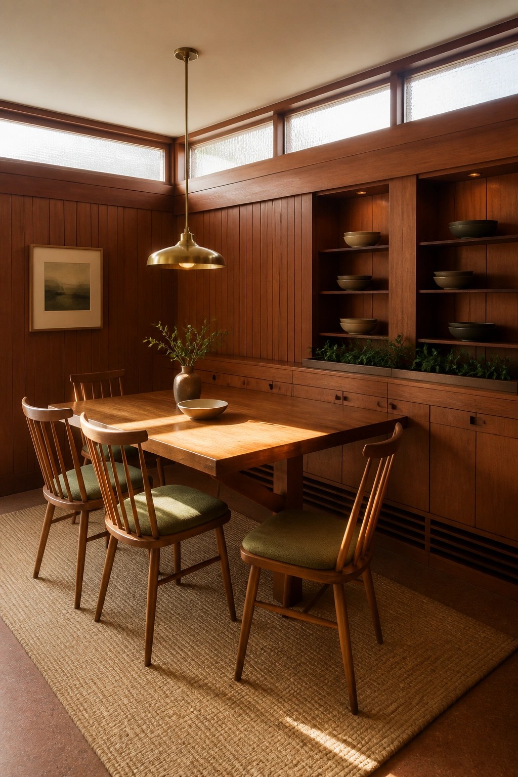 A wooden dining table with four chairs on a woven rug inside a room lined with vertical wood paneling, built-in cabinets, and open shelves holding bowls, with high clerestory windows and a brass pendant light overhead.