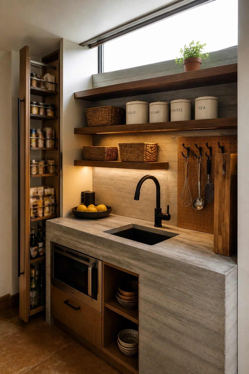 Compact kitchen interior with pull-out pantry shelves, concrete counter, black sink, wooden open shelves, and pegboard wall.