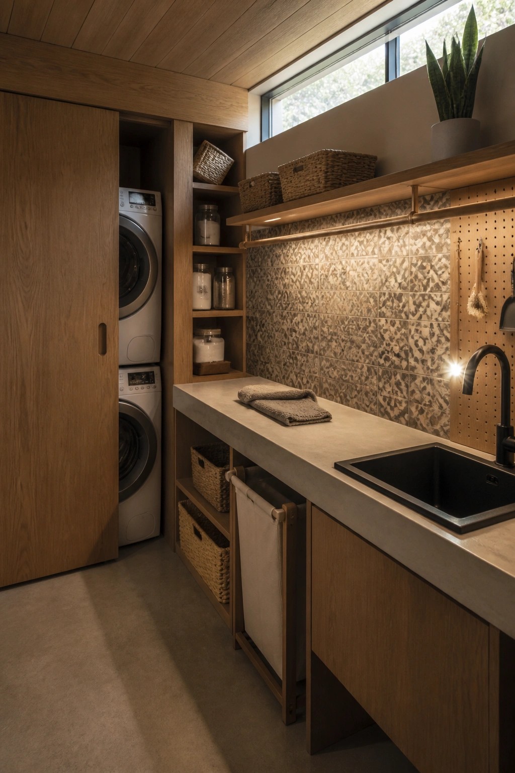 Modern laundry room with wood cabinets, concrete sink, woven baskets, and patterned tile backsplash.