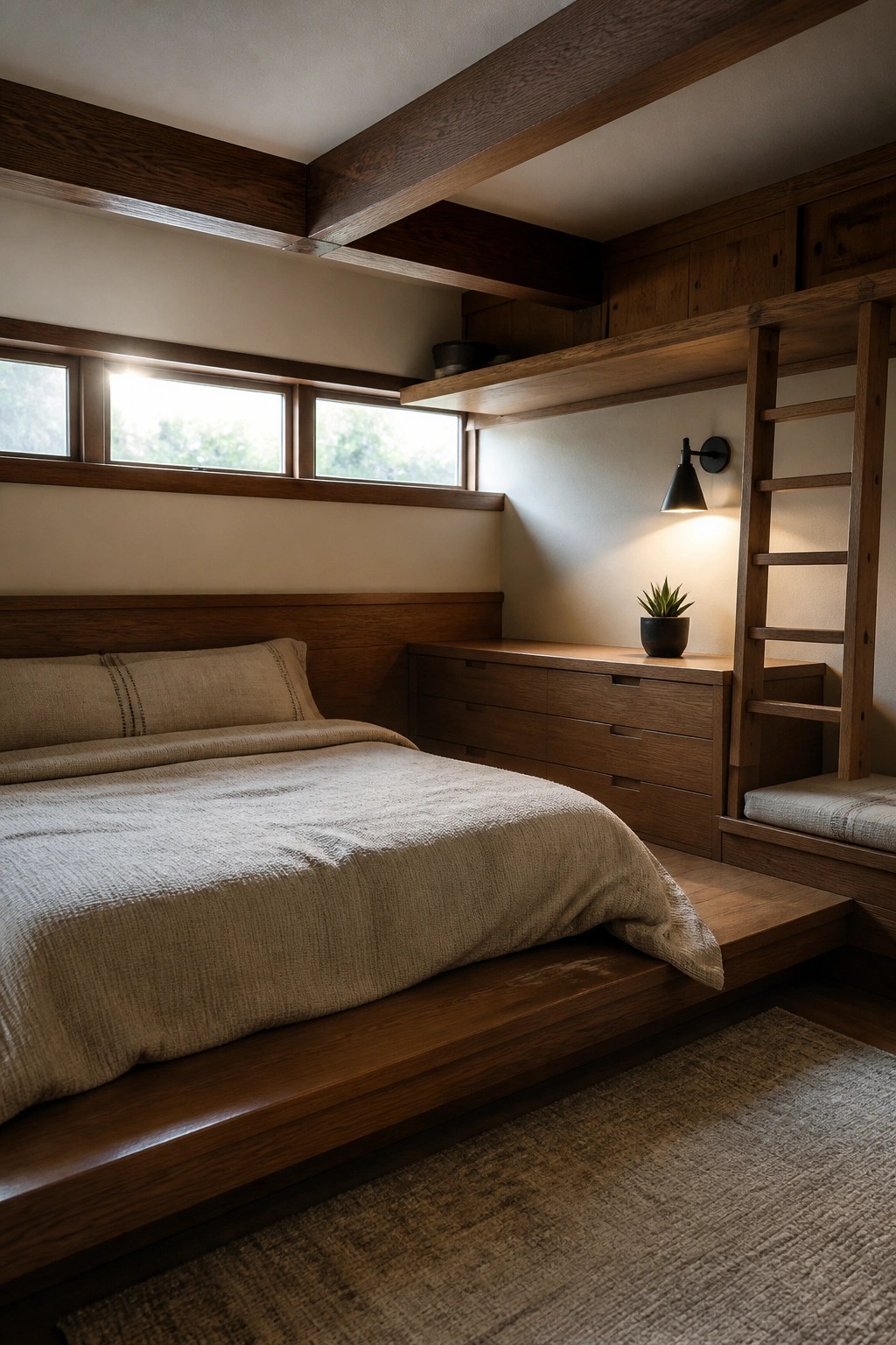 A wooden bedroom with a low platform bed, built-in drawers, overhead storage, a wall sconce, and a ladder to an upper bunk area.
