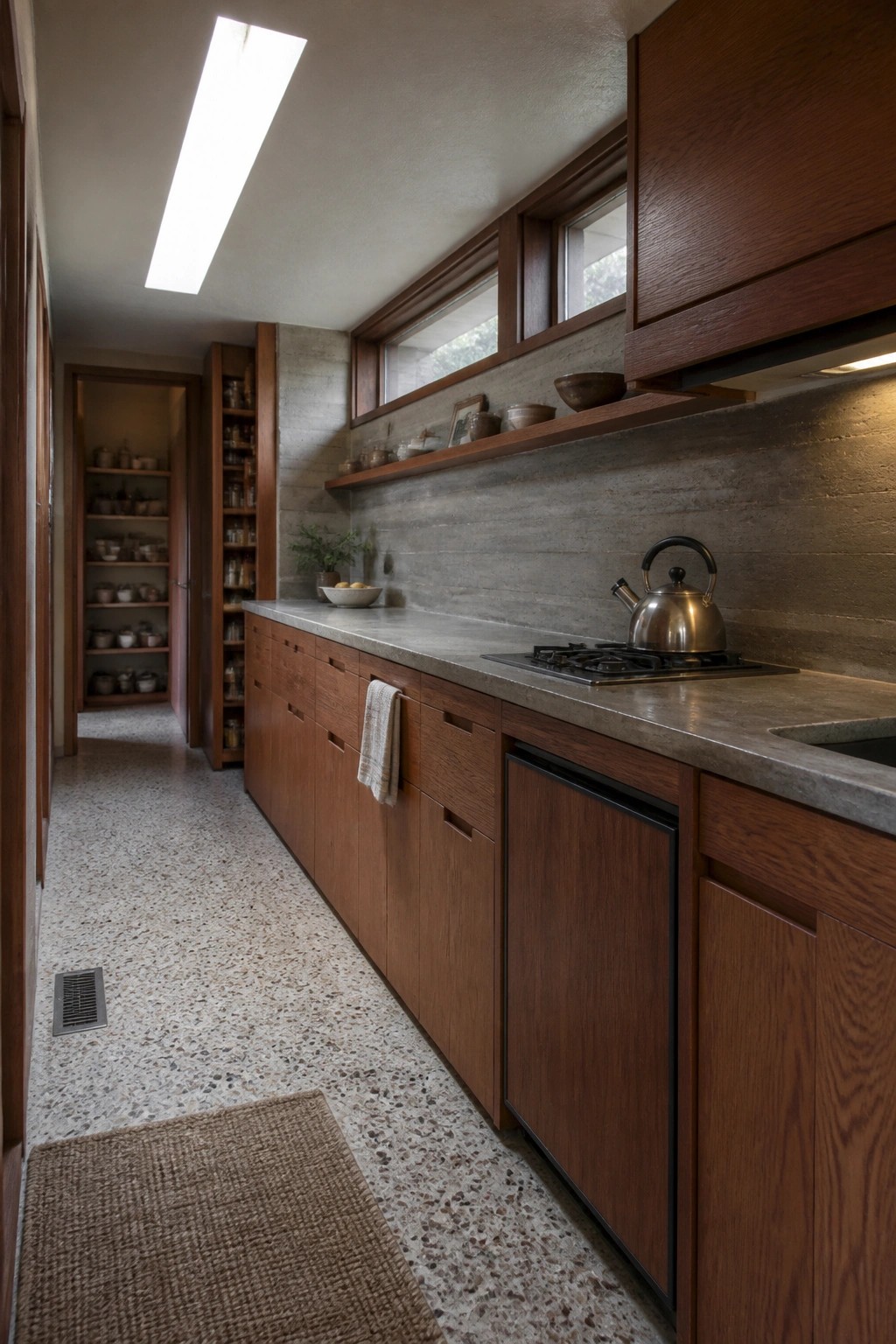 A narrow galley kitchen with floor-to-ceiling wooden cabinets along one wall, a concrete backsplash, a gas cooktop with a kettle, and a long skylight overhead.