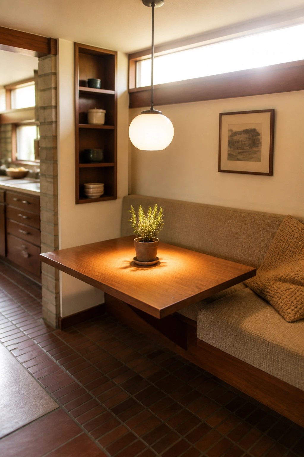 A cantilevered wooden dining table extends from a wall beside a built-in upholstered bench, with a hanging pendant light above a potted plant on the table surface.