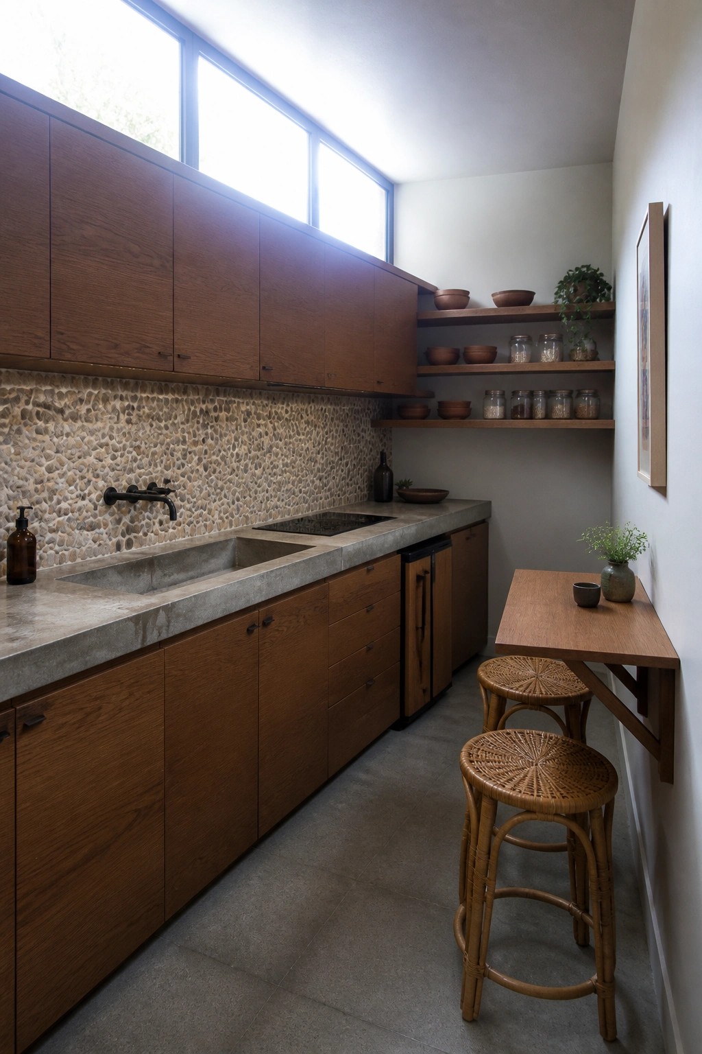 A narrow kitchen with wooden cabinets along one wall, concrete countertops, a pebble backsplash, open wooden shelves, and a wall-mounted fold-down table with two woven stools.
