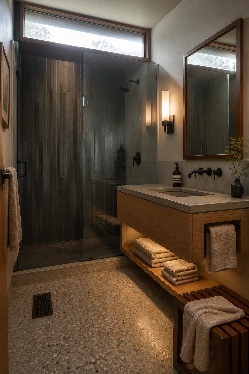 Modern bathroom with glass shower, floating wood vanity, terrazzo floor, and warm lighting.