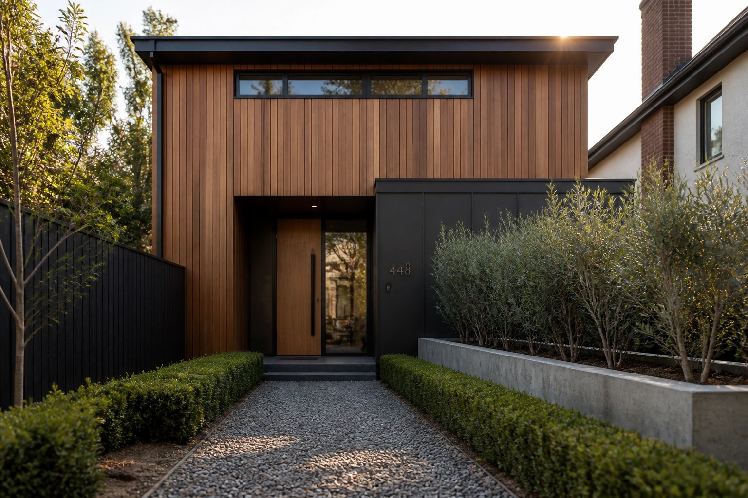 Modern two-story house exterior with vertical wood siding on the upper level, black lower panels, a wooden front door, and a concrete planter with small trees along a gravel path.
