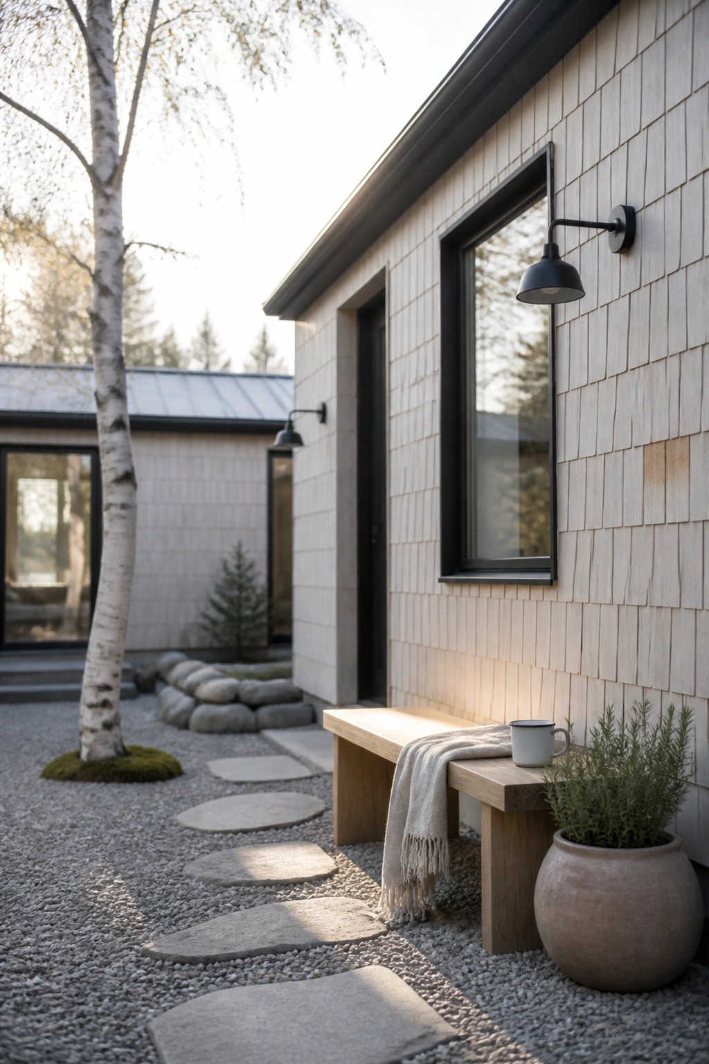 A light wood bench with a folded throw and mug sits against a shingled house wall beside a large potted plant, with stone stepping stones on gravel leading to the area.