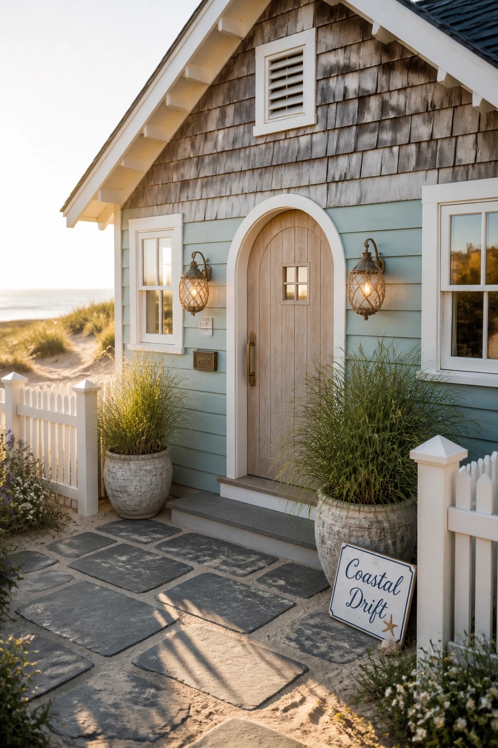 A small bungalow with light blue horizontal siding, weathered cedar shingles above, and a centered arched wooden door flanked by two lit lanterns.