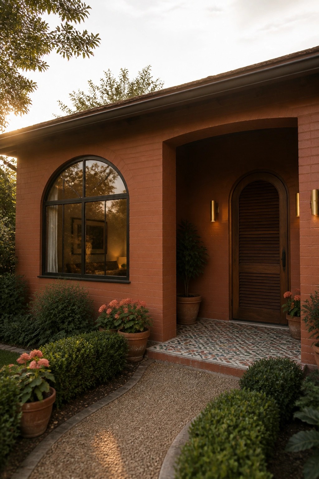 A terracotta brick bungalow exterior shows a large arched window next to an arched wooden door, with potted plants, a patterned tile entry, and a gravel path.