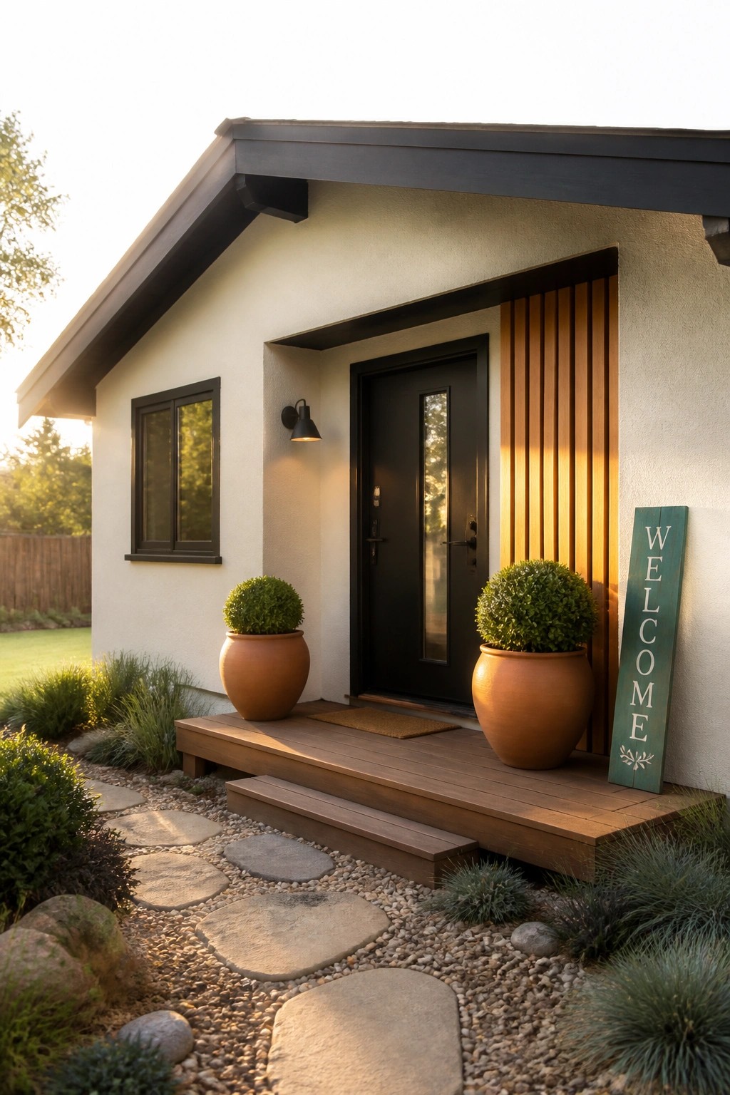 Modern house entrance with black door, terracotta pots, welcome sign, and stone path