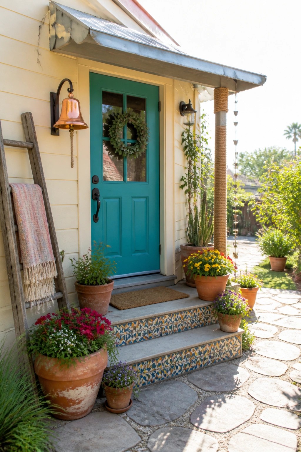 A teal front door with a wreath on a light-colored bungalow, featuring tiled steps, potted plants, and a stone path leading to the entrance.