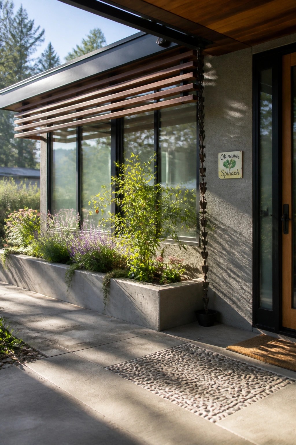 A modern bungalow exterior with a long concrete planter filled with mixed green and flowering plants running beneath large windows, a wooden overhang, and a black entry door.