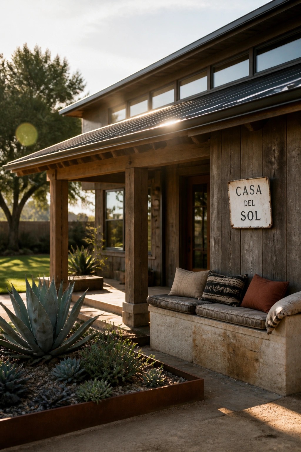 A wooden contemporary bungalow exterior with a covered porch, stone bench with cushions, and agave plants in a metal-edged bed.