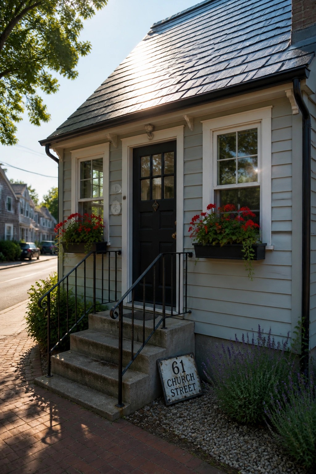 A light gray bungalow exterior with a black front door, concrete steps with black railings, white window trim, and red flowers in window boxes.