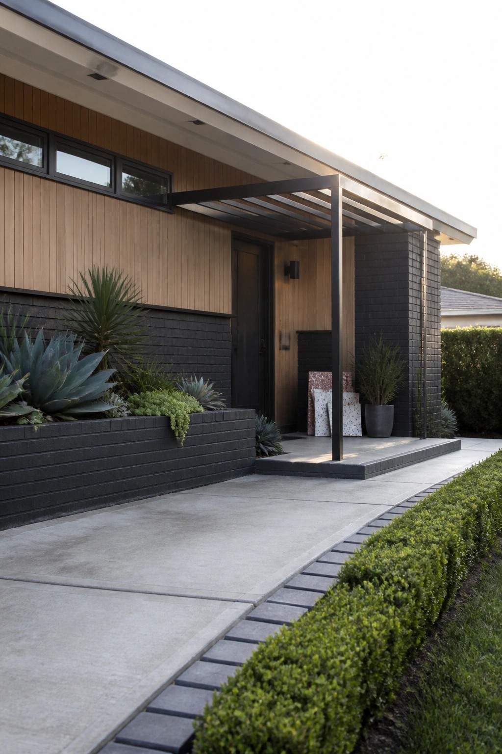 Modern bungalow exterior with wood siding, black brick accents, a dark front door, and a metal pergola covering the entry beside a raised planter with agave plants.