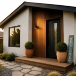 Modern house entrance with black door, terracotta pots, welcome sign, and stone path