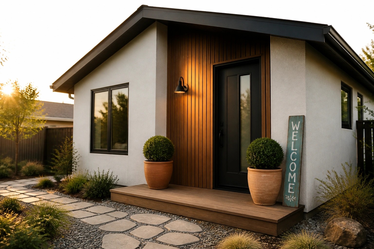 Modern house entrance with black door, terracotta pots, welcome sign, and stone path